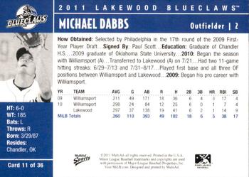 2011 MultiAd Lakewood BlueClaws #11 Michael Dabbs Back