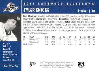 2011 MultiAd Lakewood BlueClaws #17 Tyler Knigge Back