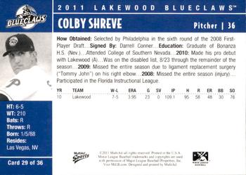 2011 MultiAd Lakewood BlueClaws #29 Colby Shreve Back