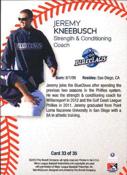 2013 Brandt Lakewood BlueClaws #33 Jeremy Kneebusch Back