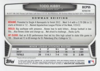 2013 Bowman - Chrome Prospects Blue Wave Refractors #BCP55 Todd Kibby Back