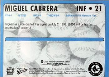 2000 Multi-Ad Utica Blue Sox #21 Miguel Cabrera Back