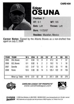 2009 Choice Carolina League Top Prospect 30 #24 Edgar Osuna Back