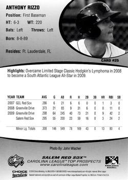 2010 Choice Carolina League Top Prospect 30 #25 Anthony Rizzo Back