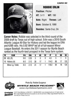 2011 Choice Carolina League Top Prospect 30 #02 Robbie Erlin Back