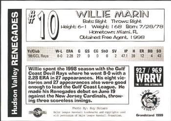 1999 Grandstand Hudson Valley Renegades #NNO Willie Marin Back