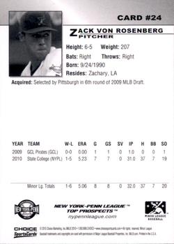 2010 Choice New York-Penn League Top Prospects #24 Zack Von Rosenberg Back