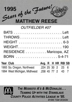 1995 Modesto A's #NNO Matt Reese Back