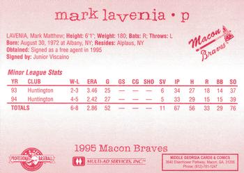 1995 Multi-Ad Macon Braves #NNO Mark Lavenia Back