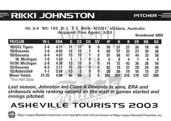 2003 Grandstand Asheville Tourists Update #NNO Rikki Johnston Back