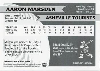 2004 Grandstand Asheville Tourists #NNO Aaron Marsden Back