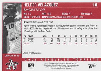 2008 MultiAd Asheville Tourists #27 Helder Velazquez Back