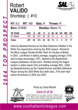 2004 MultiAd South Atlantic League Top Prospects #31 Robert Valido Back