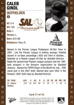 2008 MultiAd South Atlantic League Top Prospects #17 Caleb Gindl Back