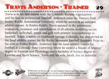 1998 Multi-Ad Asheville Tourists #29 Travis Anderson Back
