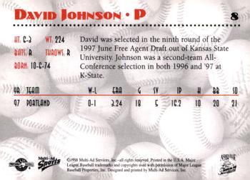 1998 Multi-Ad Asheville Tourists #8 David Johnson Back