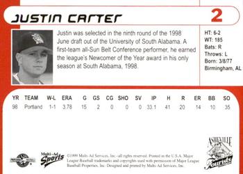 1999 Multi-Ad Asheville Tourists #2 Justin Carter Back