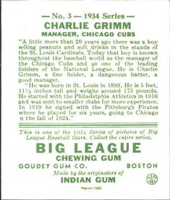 1985 Galasso 1934 Goudey (reprint) #3 Charlie Grimm Back