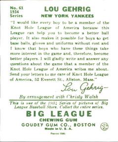 1985 Galasso 1934 Goudey (reprint) #61 Lou Gehrig Back