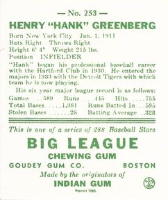 1985 Galasso 1938 Goudey Heads Up (reprint) #253 Hank Greenberg Back