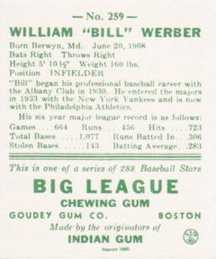 1985 Galasso 1938 Goudey Heads Up (reprint) #259 Billy Werber Back