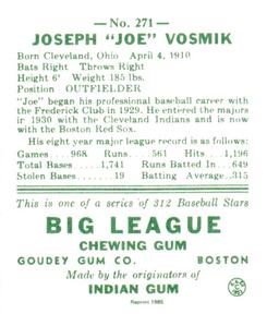 1985 Galasso 1938 Goudey Heads Up (reprint) #271 Joe Vosmik Back