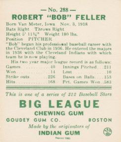 1985 Galasso 1938 Goudey Heads Up (reprint) #288 Bob Feller Back