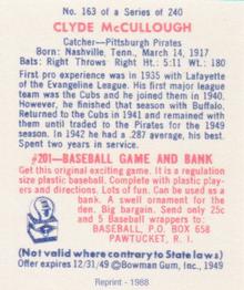 1988 1949 Bowman Reprint #163 Clyde McCullough Back
