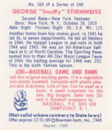 1988 1949 Bowman Reprint #165 George Stirnweiss Back