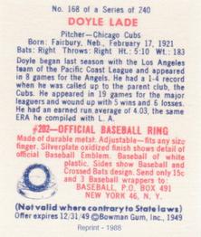 1988 1949 Bowman Reprint #168 Doyle Lade Back