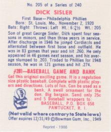 1988 1949 Bowman Reprint #205 Dick Sisler Back