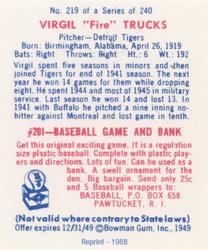 1988 1949 Bowman Reprint #219 Virgil Trucks Back