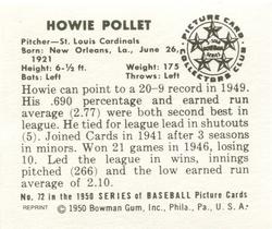 1986 Card Collectors 1950 Bowman (Reprint) #72 Howie Pollet Back