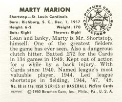 1986 Card Collectors 1950 Bowman (Reprint) #88 Marty Marion Back