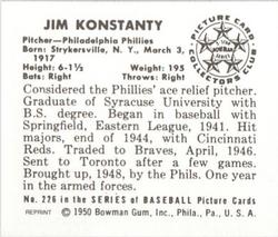 1986 Card Collectors 1950 Bowman (Reprint) #226 Jim Konstanty Back