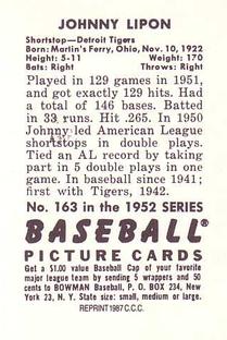 1987 Card Collectors 1952 Bowman Reprint #163 Johnny Lipon Back