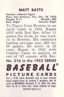 1987 Card Collectors 1952 Bowman Reprint #216 Matt Batts Back