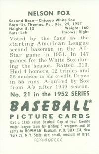 1987 Card Collectors 1952 Bowman Reprint #21 Nellie Fox Back