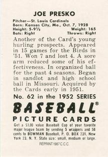 1987 Card Collectors 1952 Bowman Reprint #62 Joe Presko Back
