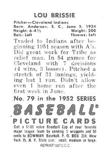 1987 Card Collectors 1952 Bowman Reprint #79 Lou Brissie Back