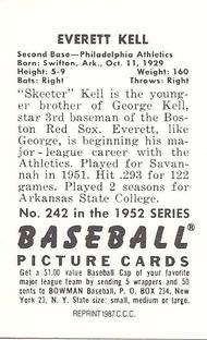 1987 Card Collectors 1952 Bowman Reprint #242 Everett Kell Back
