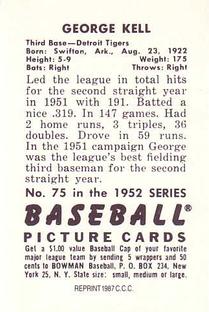 1987 Card Collectors 1952 Bowman Reprint #75 George Kell Back