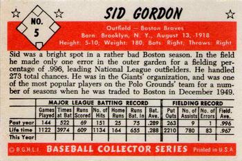 1983 Card Collectors 1953 Bowman Color Reprint #5 Sid Gordon Back