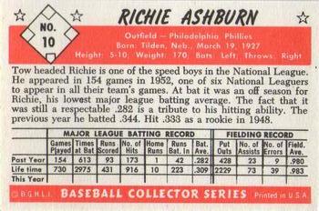 1983 Card Collectors 1953 Bowman Color Reprint #10 Richie Ashburn Back