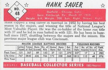 1983 Card Collectors 1953 Bowman Color Reprint #48 Hank Sauer Back