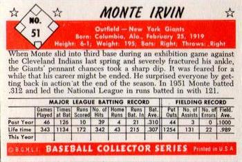 1983 Card Collectors 1953 Bowman Color Reprint #51 Monte Irvin Back