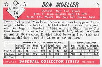 1983 Card Collectors 1953 Bowman Color Reprint #74 Don Mueller Back