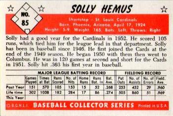 1983 Card Collectors 1953 Bowman Color Reprint #85 Solly Hemus Back
