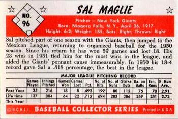 1983 Card Collectors 1953 Bowman Color Reprint #96 Sal Maglie Back
