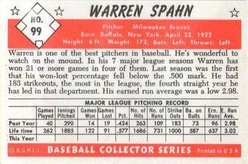 1983 Card Collectors 1953 Bowman Color Reprint #99 Warren Spahn Back